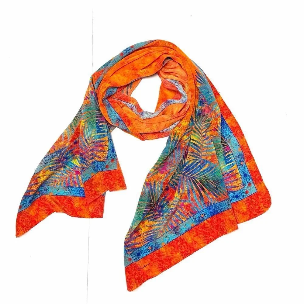 Christina Large Silk Oblong Scarf Wrap Orange Blue Tropical Print 20,5x74