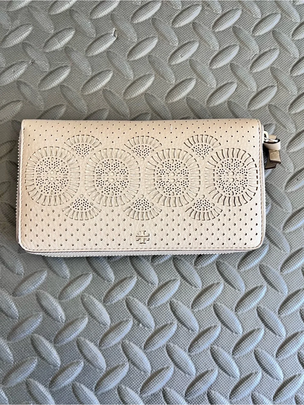 Tory Burch Zoey Perforated Laser Cut Zip Around Wallet French Grey Leather