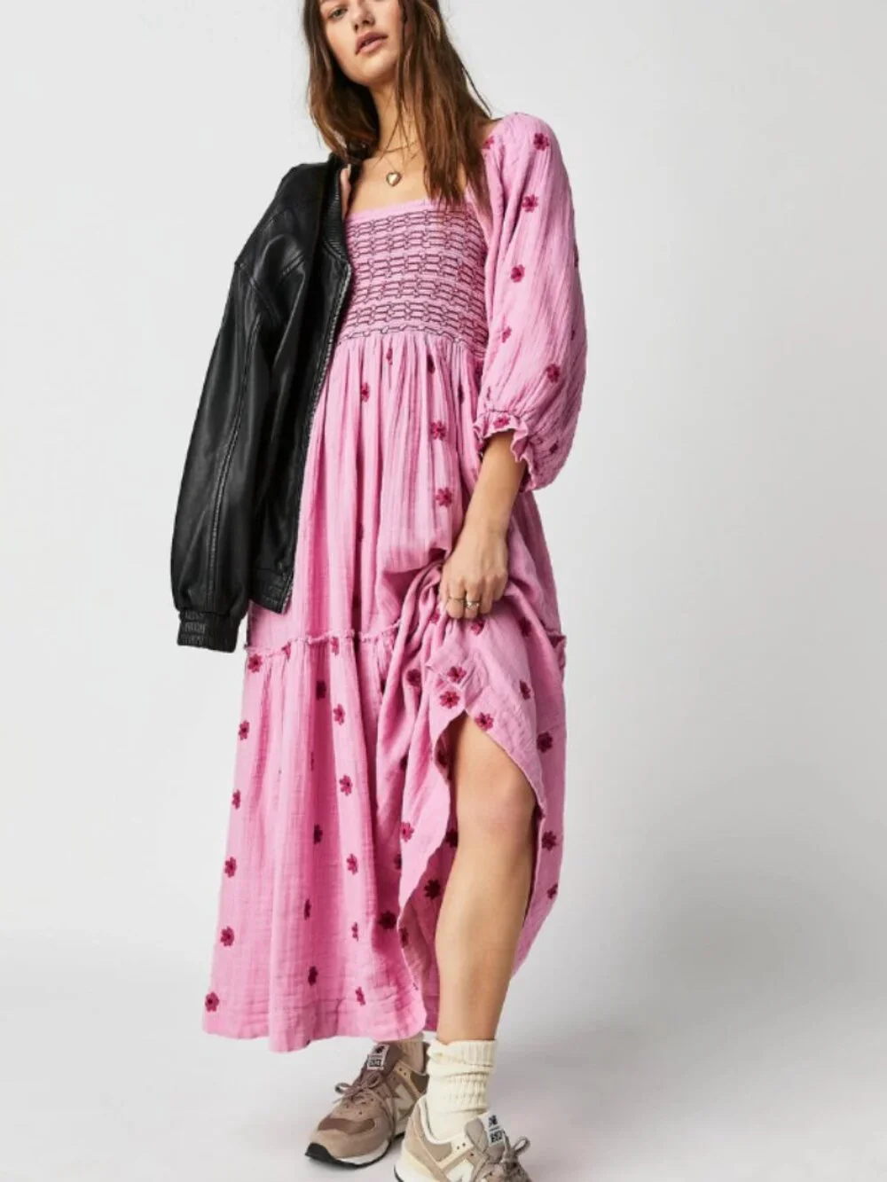 Free People Dahlia Embroidered Maxi Dress in Pink