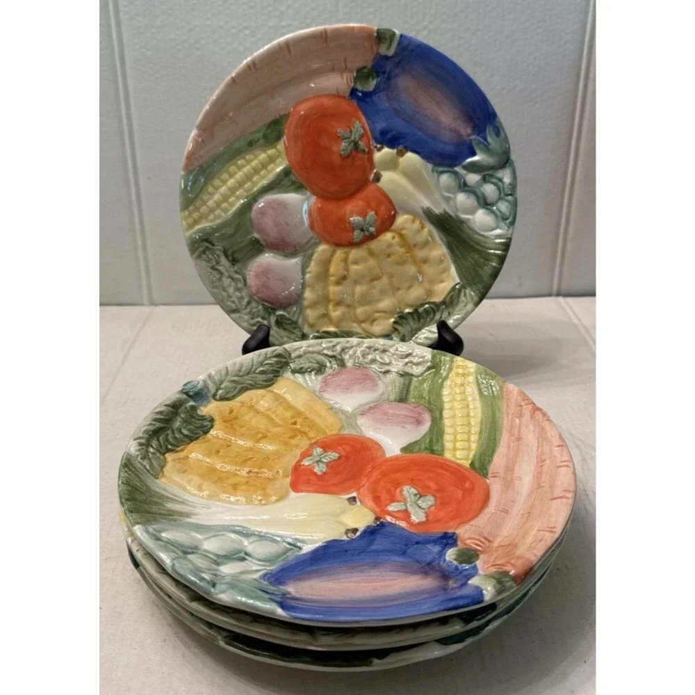 Vintage Fitz & Floyd Canape Luncheon Plates (4) Vegetable Garden 7-5/8