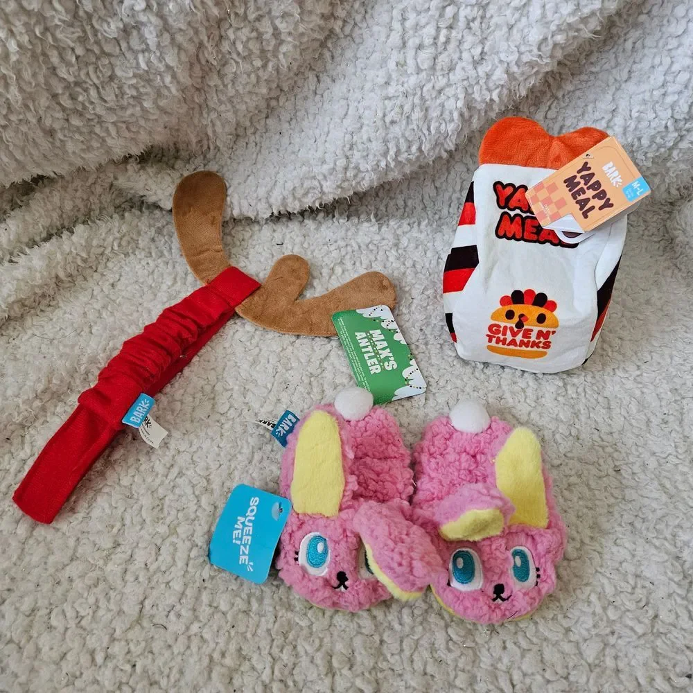 Bark Box Lot‎ of Toys Yappy Meal, Grinch Max's Horn, and Bunny Slippers NWT