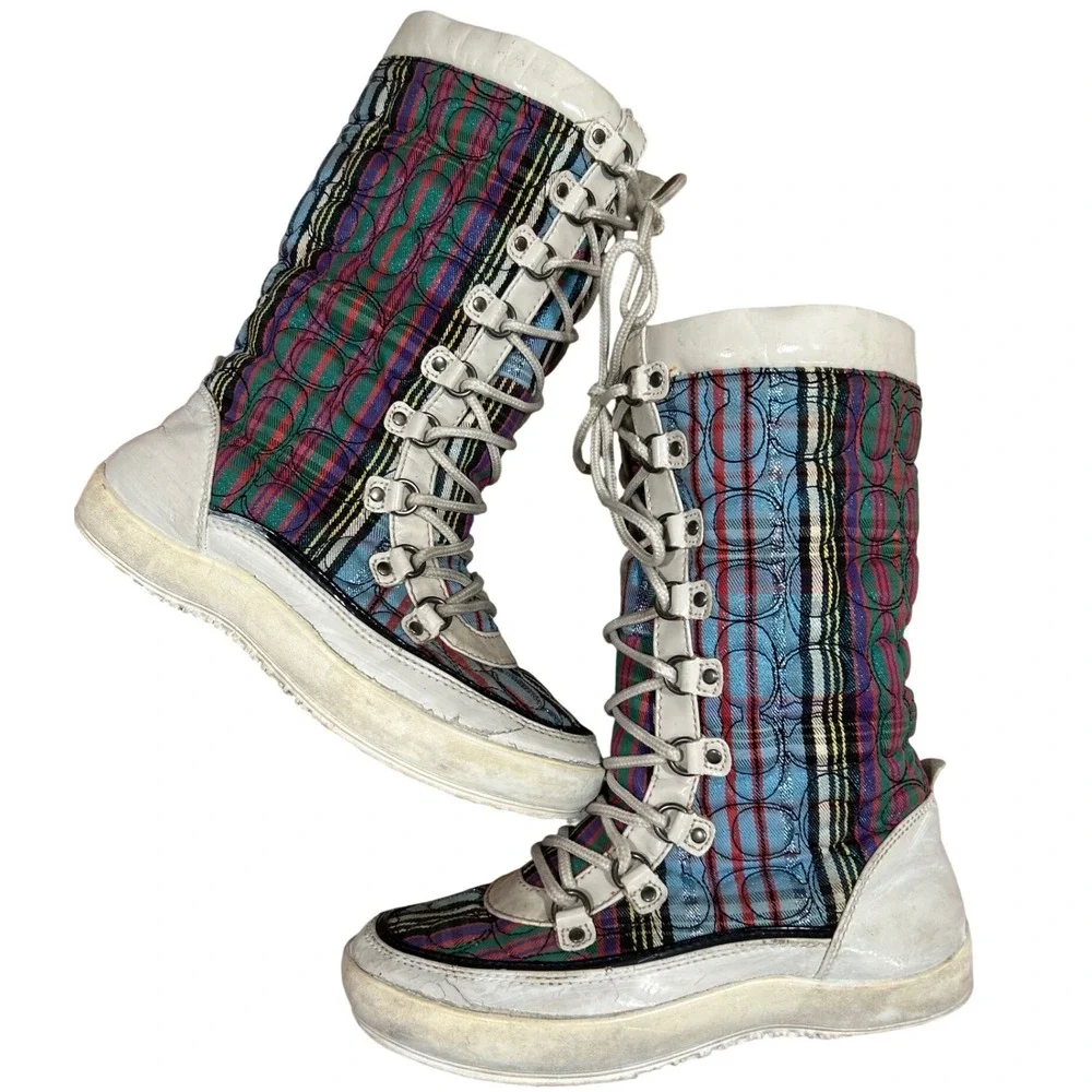 Coach Peggey Plaid Quilted Snow Boots White Multicolor Apres Ski‎ 2000's Y2K 6.5