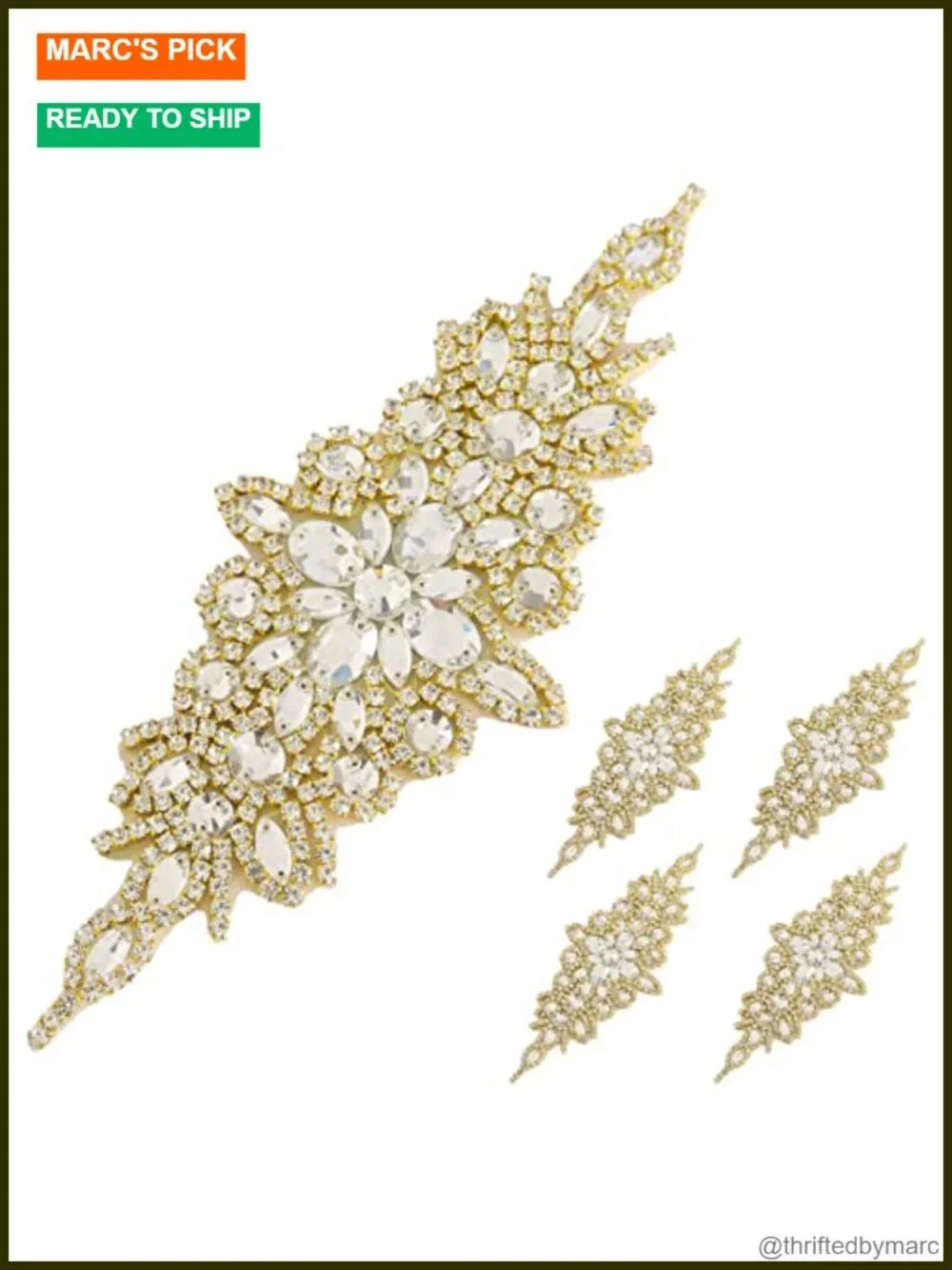 5 Pack Rhinestone Applique Wedding Sash Belt Gold Handmade Dress Belt for