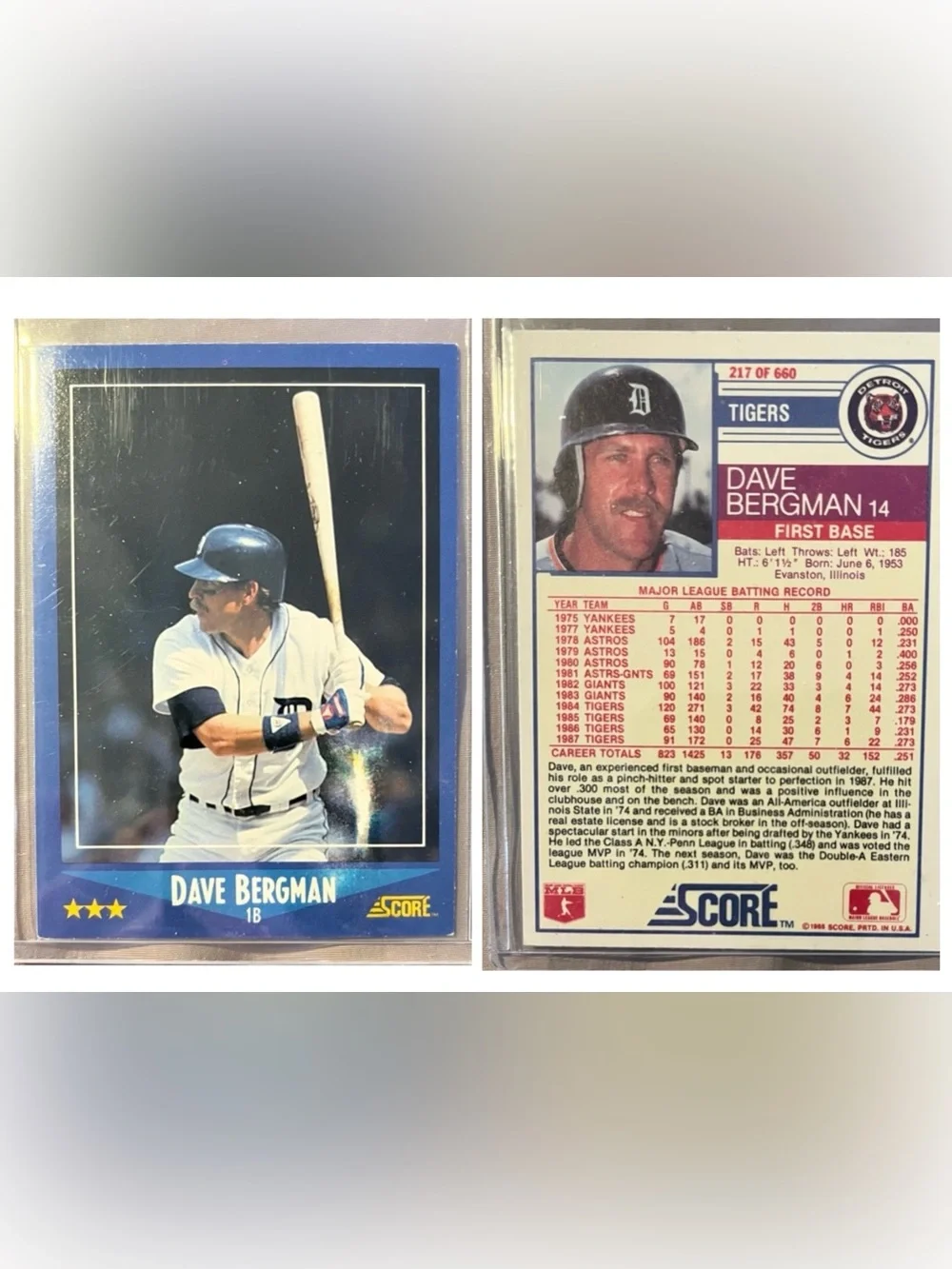VINTAGE 1988 Dave Bergman Score MLB Detroit Tigers Baseball Trading Card