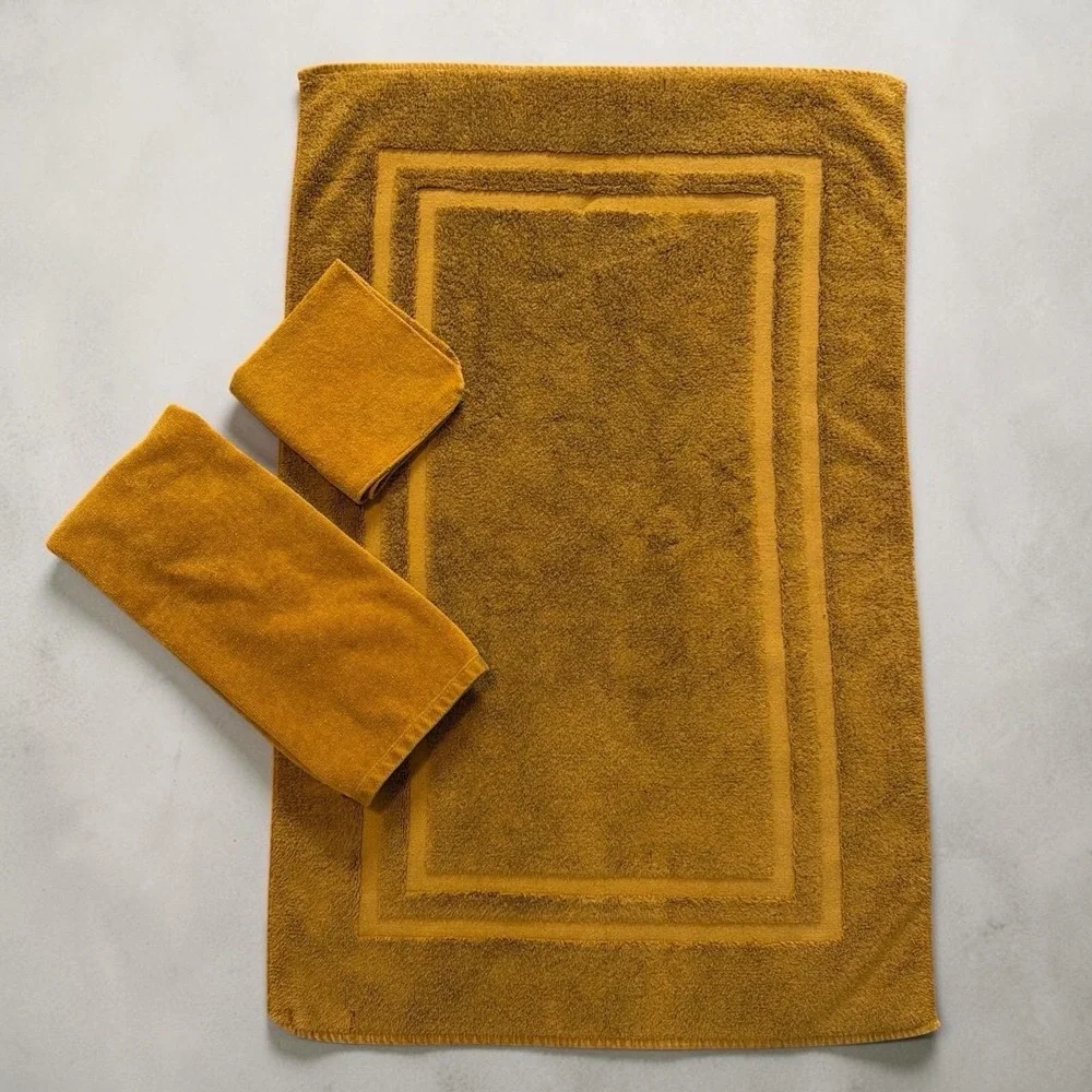 Vtg 70s Fieldcrest Hand Towel 3-pc bathmat set‎ 100% Cotton Gold Coordinates YSL