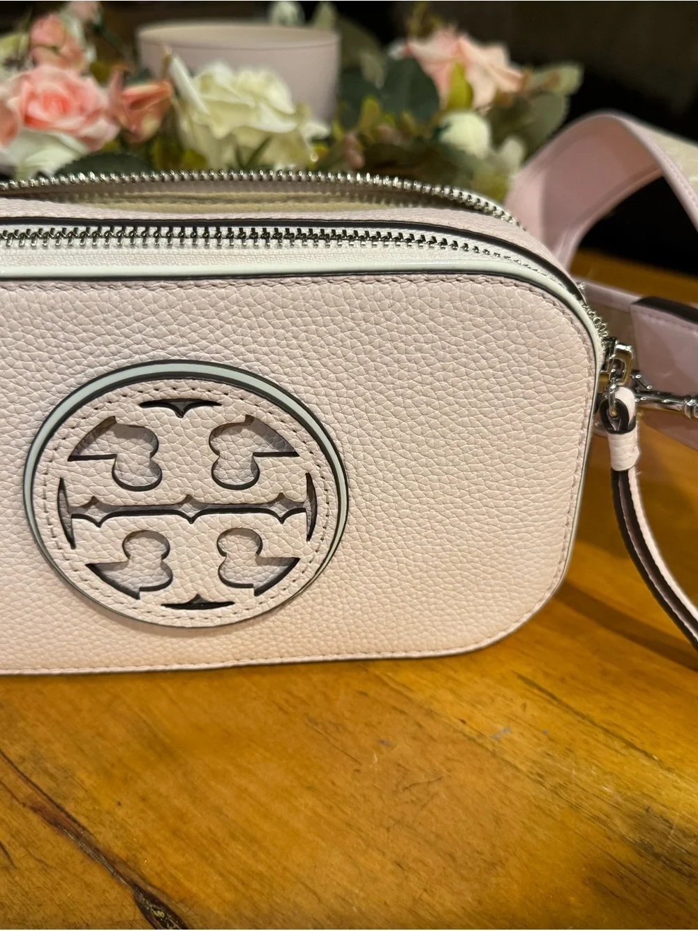 Tory Burch soft Pink Leather mini Miller Crossbody bag with TB Logo Strap
