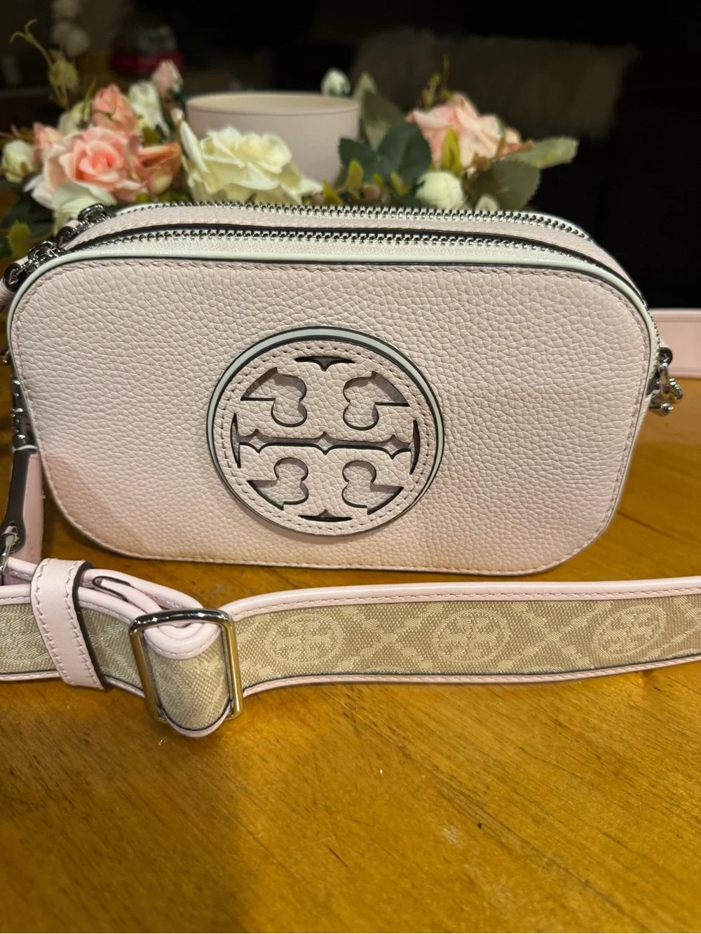 Tory Burch soft Pink Leather mini Miller Crossbody bag with TB Logo Strap