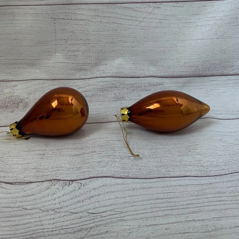 Vintage Glass Ornaments Set of 2 Brown Gold Drop Teardrop Christmas Tree