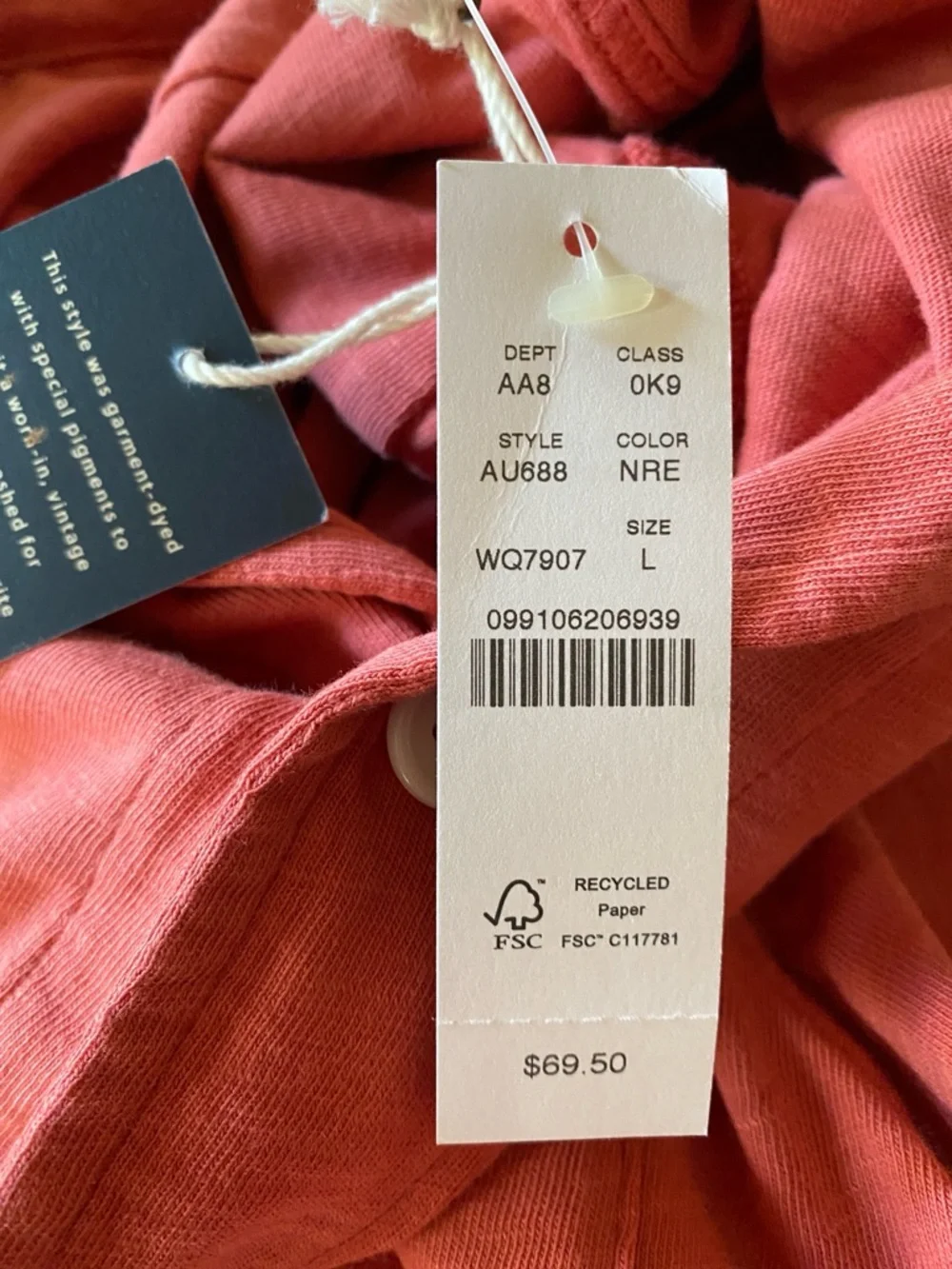 J. Crew Harbor Shirt 100% Cotton Garment Dyed Coral Salmon Camp Collar NWT L