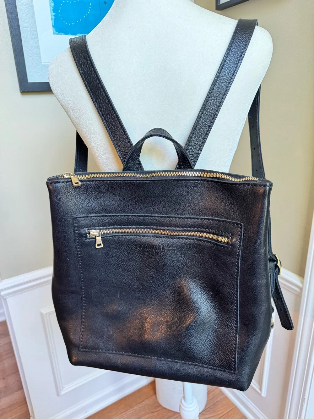 Portland Leather Backpack, pebbled black with gold zippers