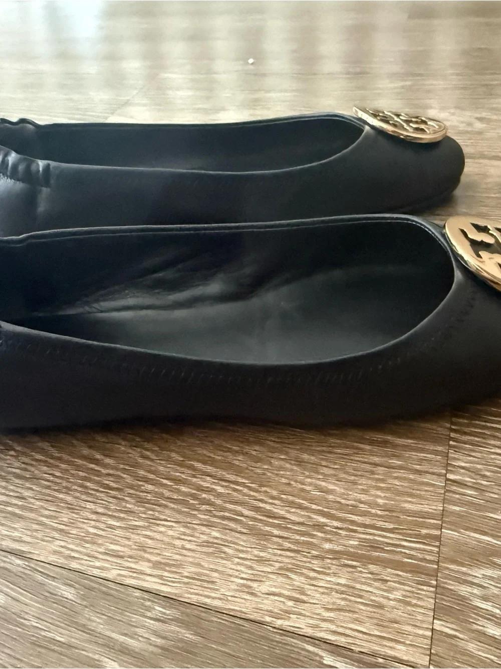 Tory Burch Black Leather Logo Ballet Flats with Gold Emblem