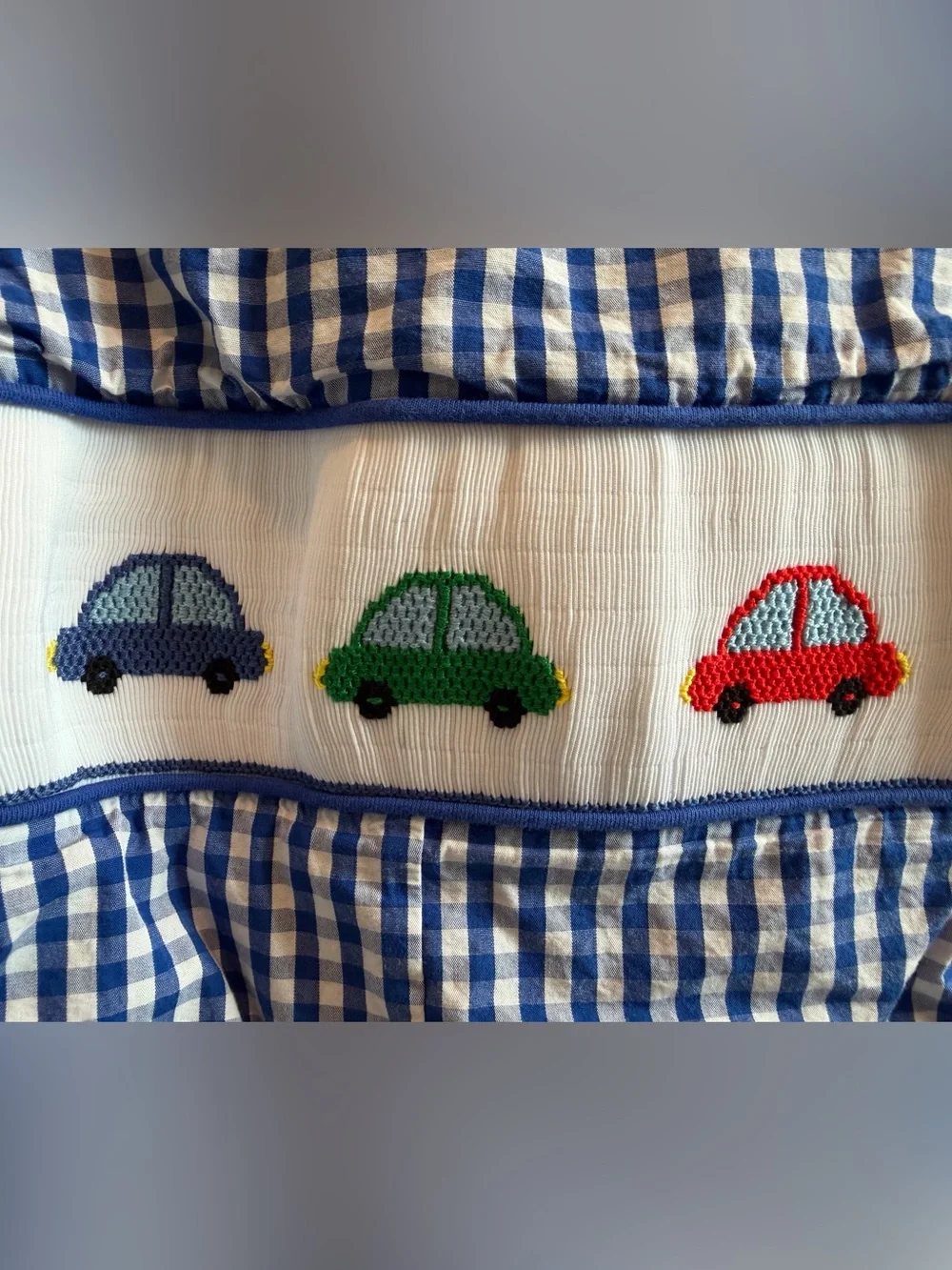 Stitchy Fish 18 Month Blue Gingham Smocked Baby Jon Jon with Cars