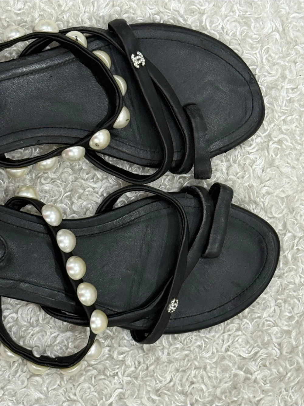 CHANEL Black Pearl Sandals Size 39C