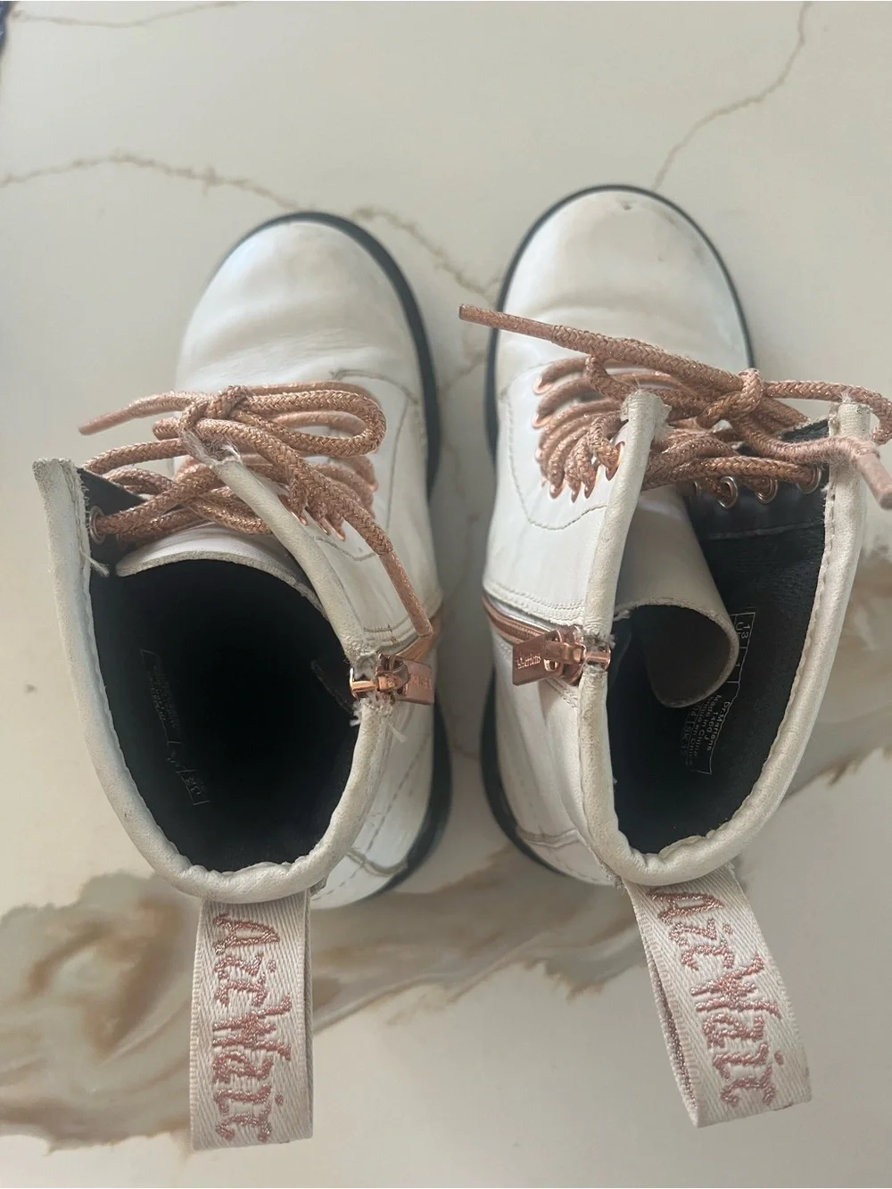 Dr. Martens Kids White Boots with Rose Gold Laces