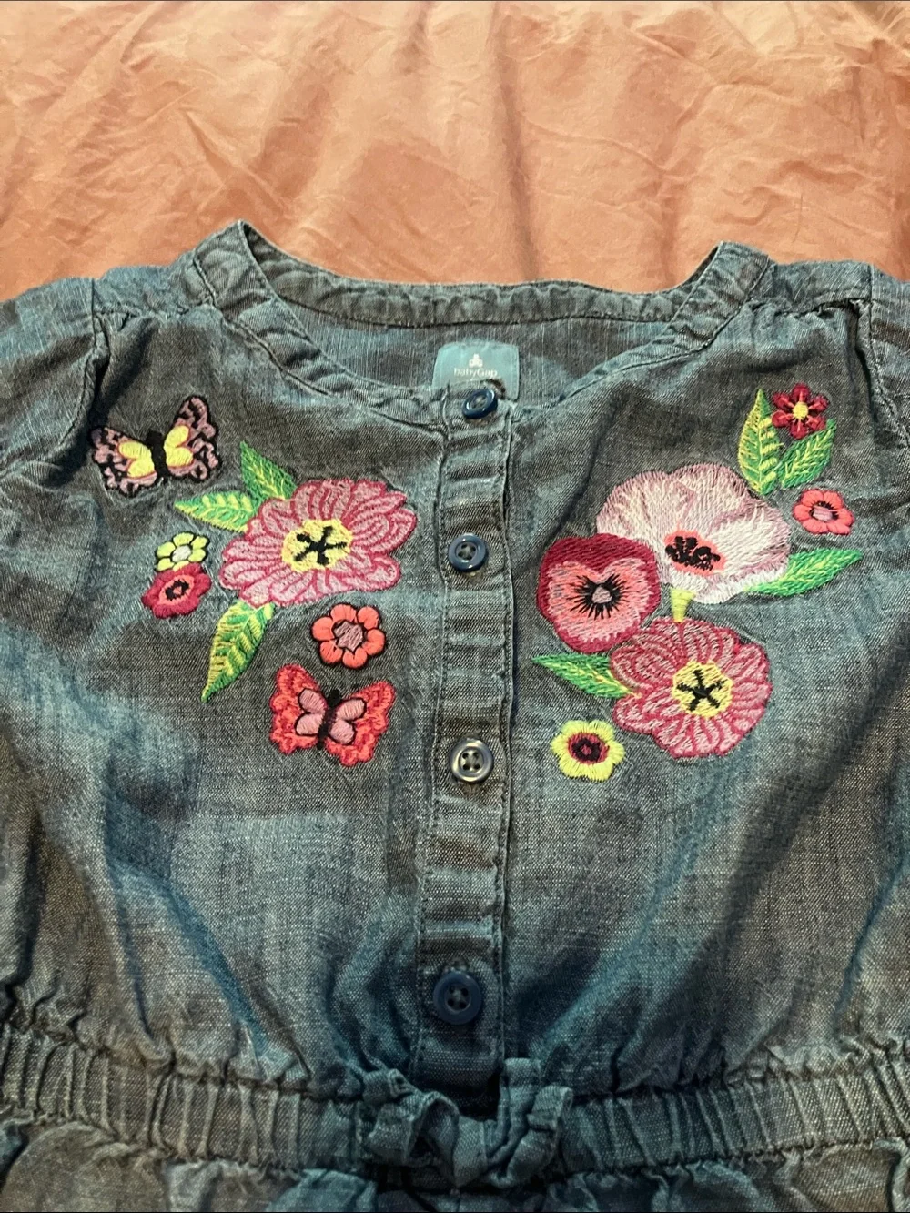 Baby GAP Denim Floral Embroidered Romper - Blue with Pink Accents 2 years