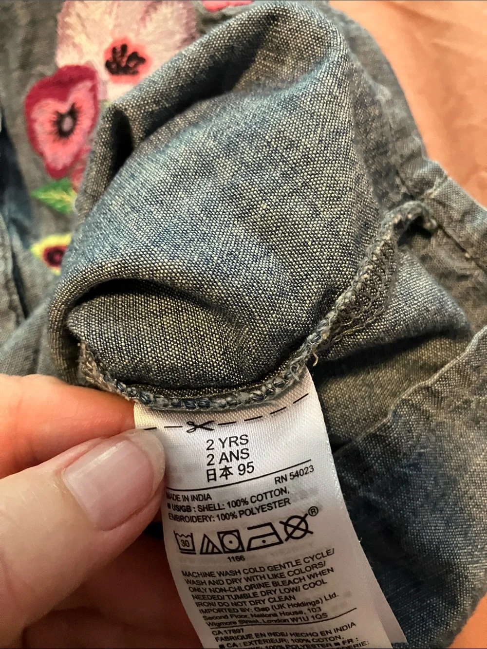 Baby GAP Denim Floral Embroidered Romper - Blue with Pink Accents 2 years