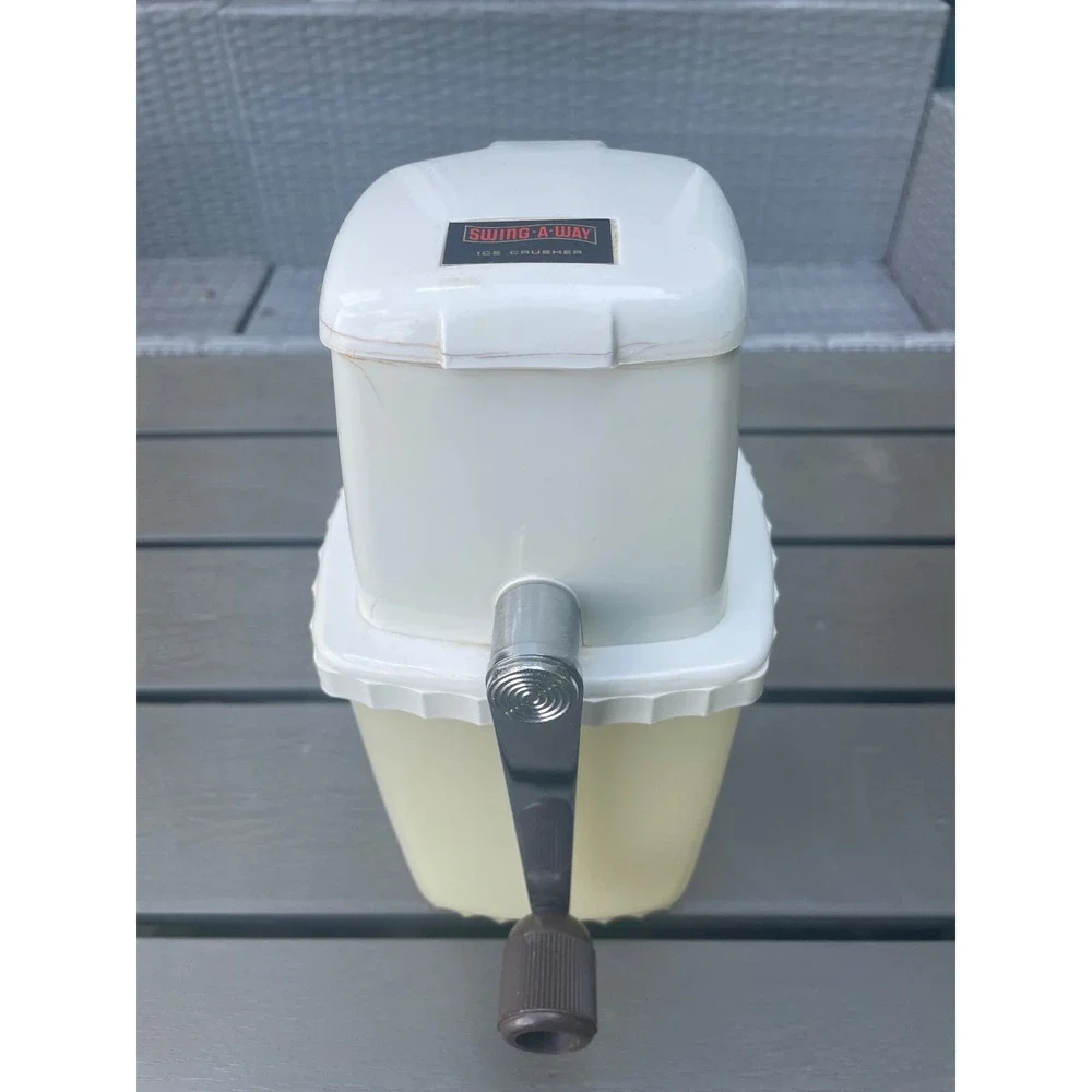 Vintage Manual Ice Crusher Hand Crank Retro Kitchen Tool Cream Brown Plastic