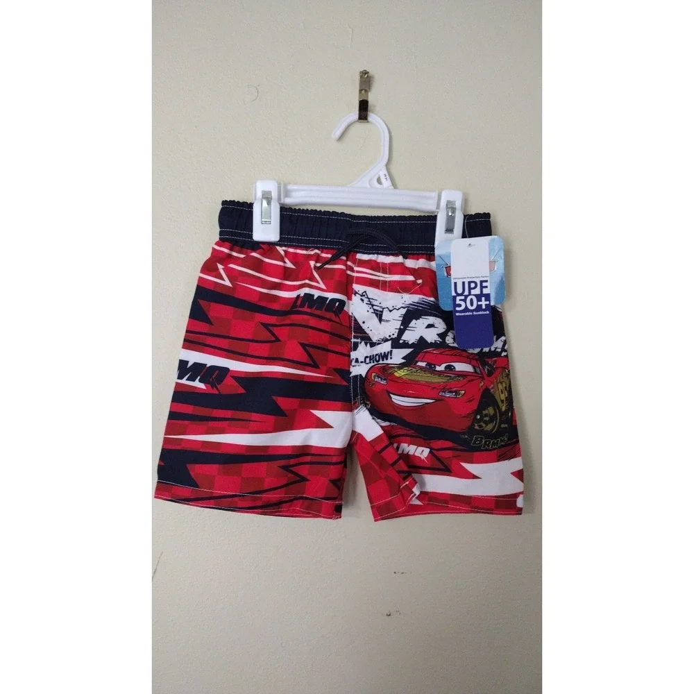Disney Pixar Cars Lightning McQueen Swim Trunks Red Checkered UPF 50+ Boys 3T