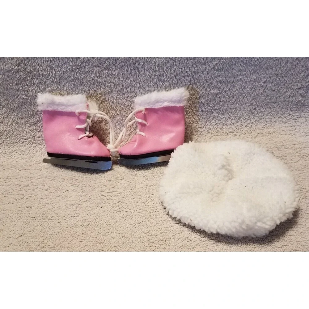 Pink  Fur Trimmed Ice Skates Fits 18 inch American Girl Dolls &‎ white Beret Hat