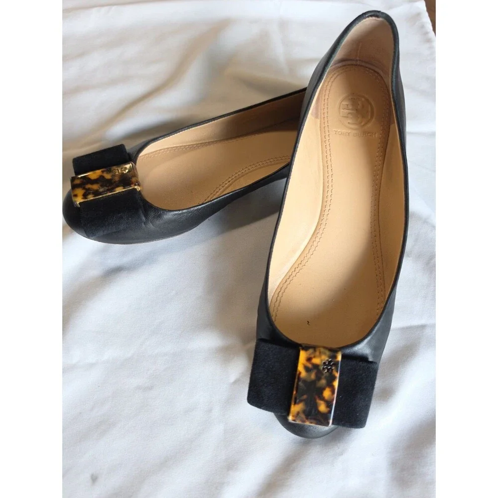 Tory Burch Black Leather Ballet Flats Suede Bow Tortoise Accent Women's 7.5M