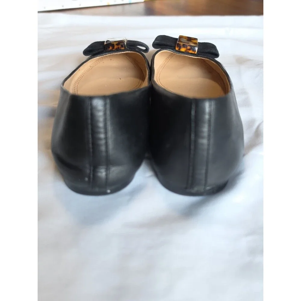 Tory Burch Black Leather Ballet Flats Suede Bow Tortoise Accent Women's 7.5M