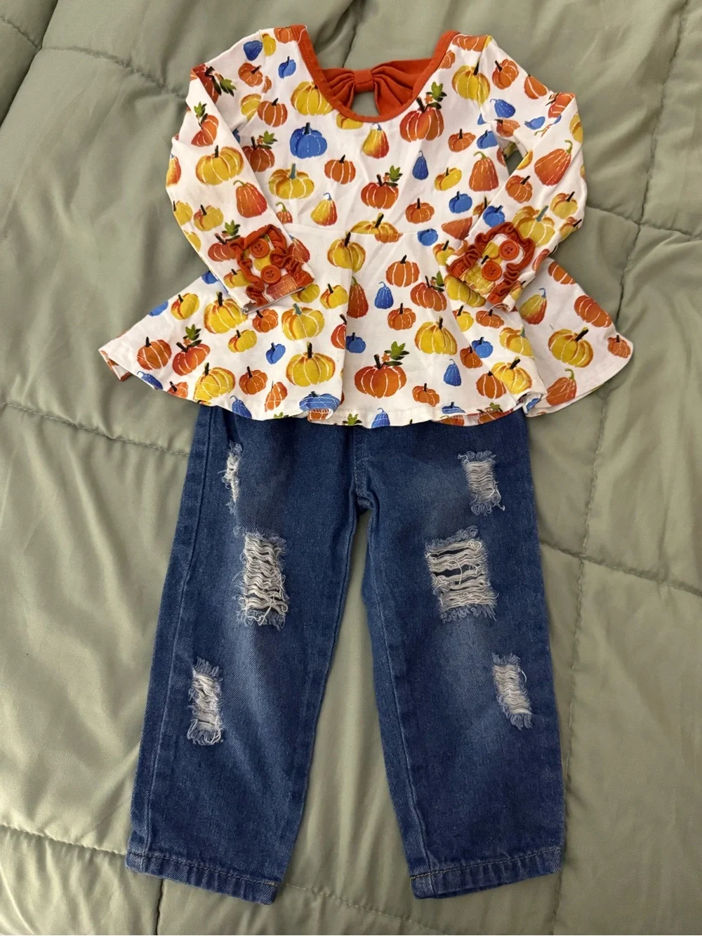Kids Pumpkin Print Two-Piece Matching Set - White & Orange