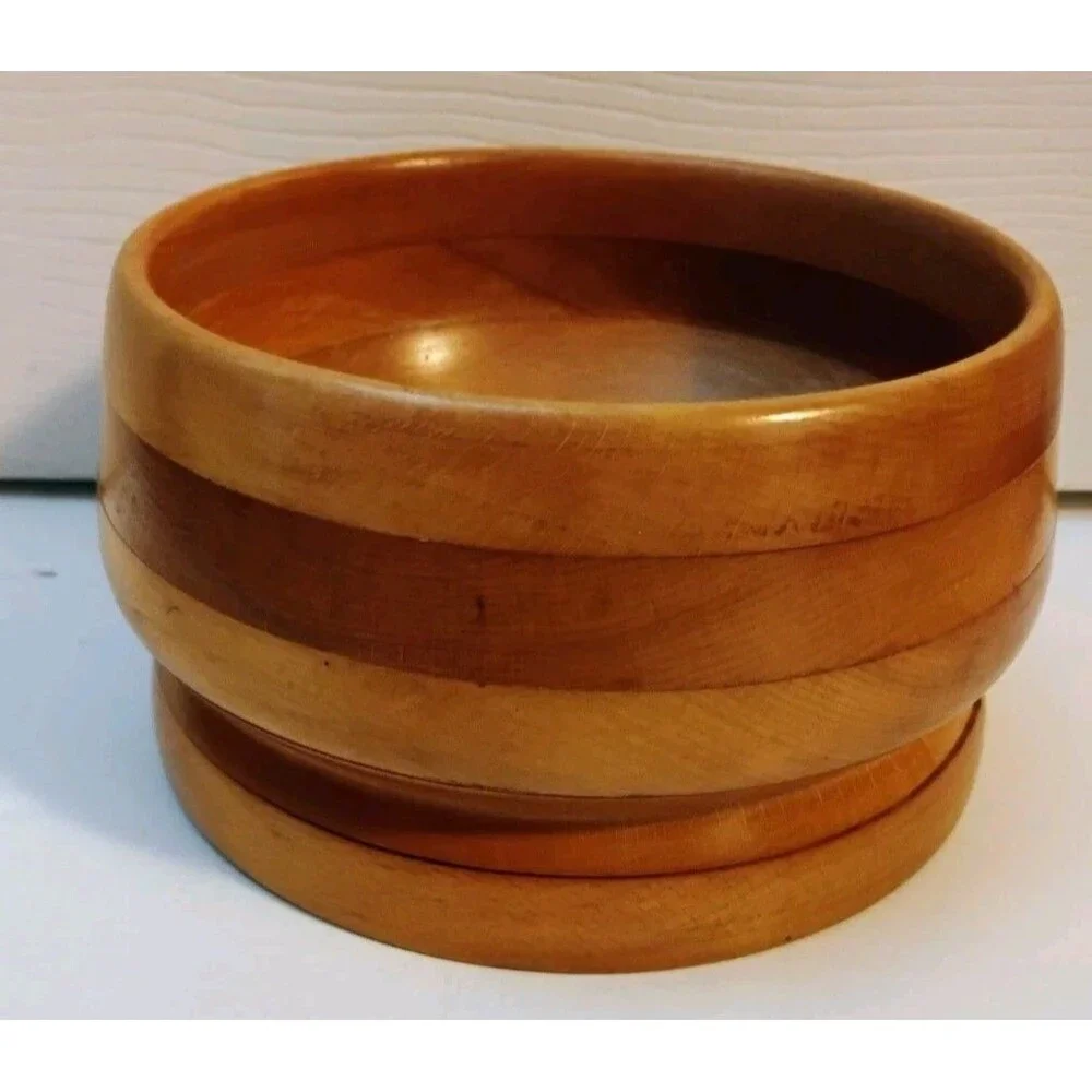 Vintage Mid Century Segmented Wooden Bowl Laminated Wood Layered Base 6.5