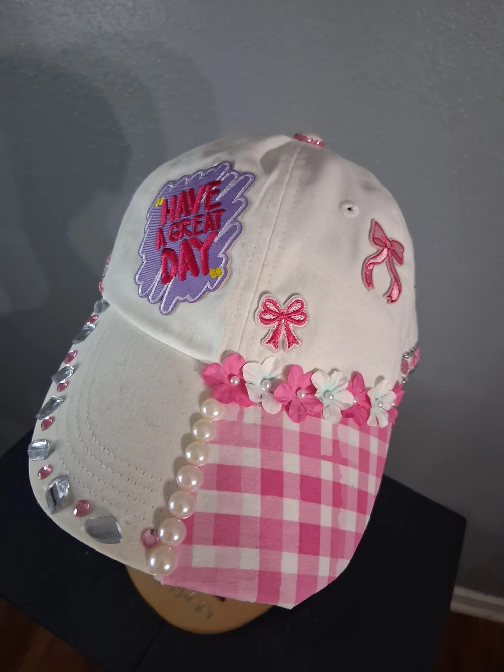 Hand Crafted White Pink Embellished Baseball Cap