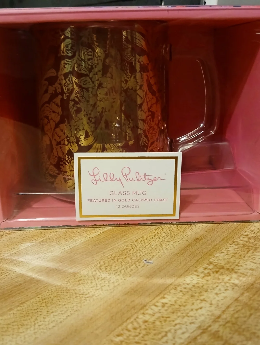 Lilly Pulitzer Gold Glass Mug with Pink Box Accents NIB