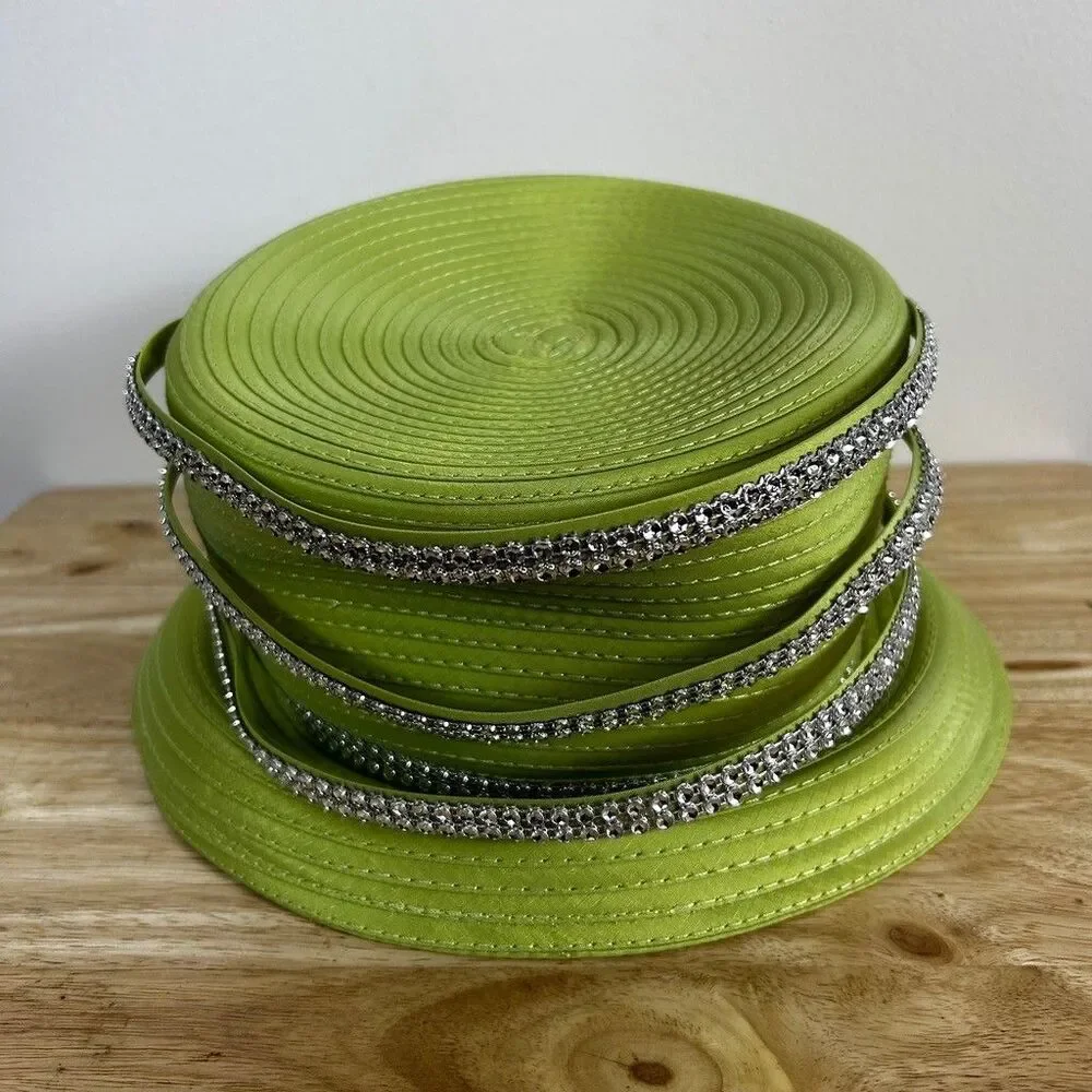 Vintage Lime Green Church Hat Rhinestone Bow Accent Derby Pillbox Style