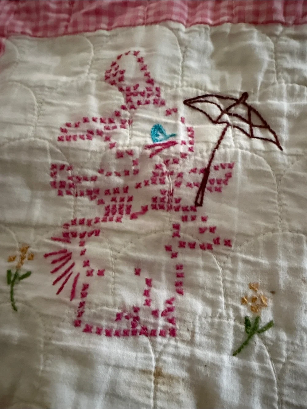 Embroidered  handmade baby quilt charming pink