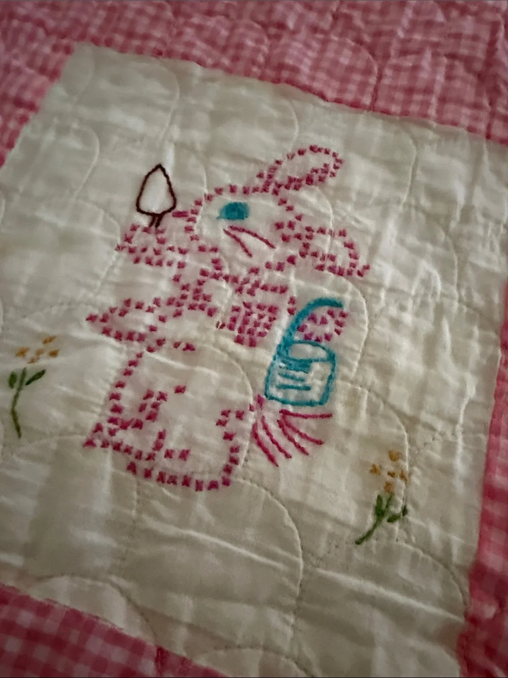 Embroidered  handmade baby quilt charming pink