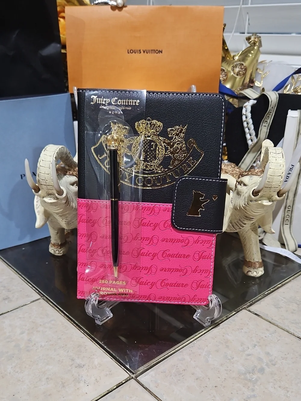 NWT! Juicy Couture Home Hot Pink Journal Set with Gold Crown Accent Pen!