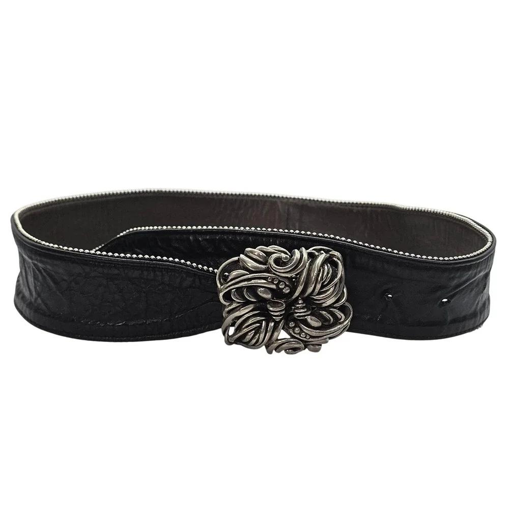 Vintage Fahrenheit NY Wide Black Leather Belt‎ Pewter Buckle 80s Wearable Art