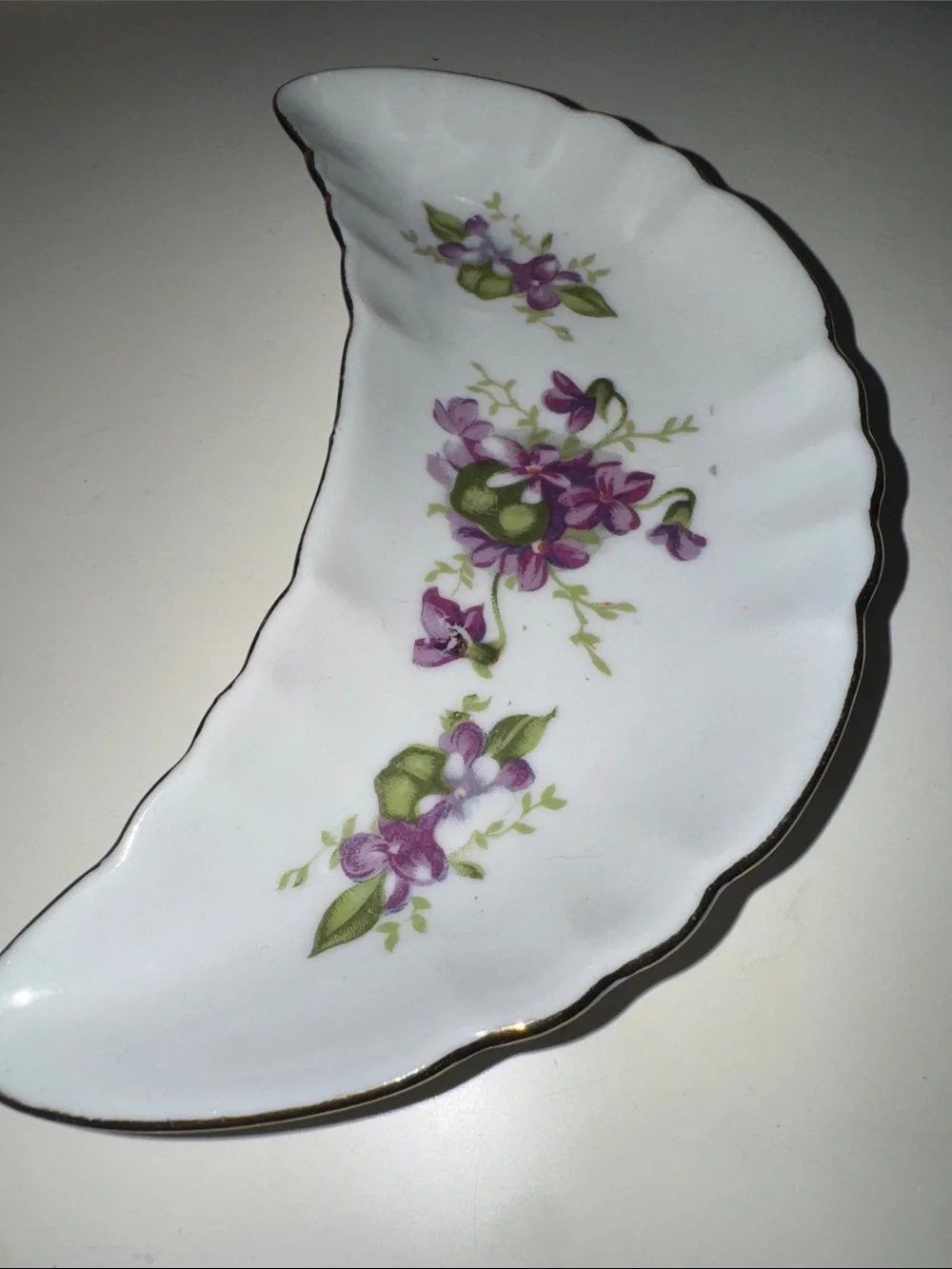 Vintage White Porcelain Crescent Bone Dish with Purple Floral Accent