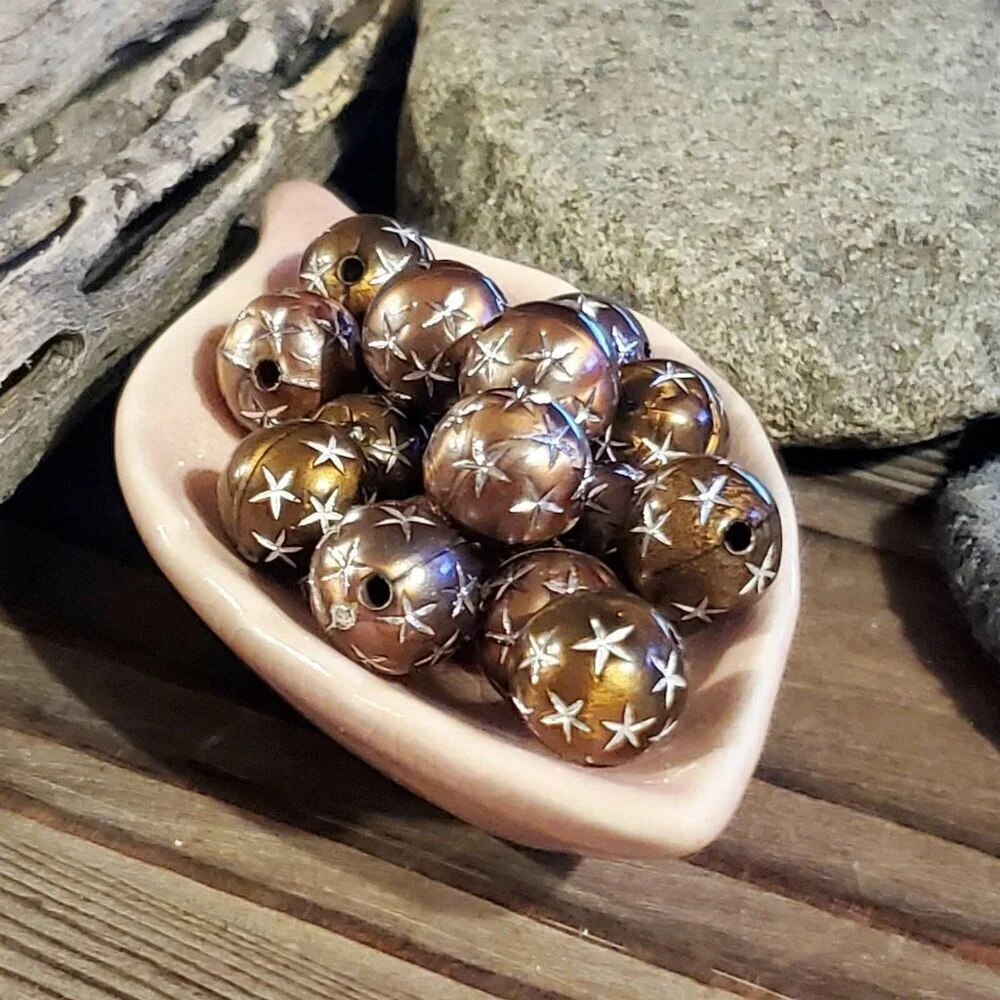 10 Vintage Retro Brown Silver Stars 12mm Round Acrylic Shabby Chic Beads