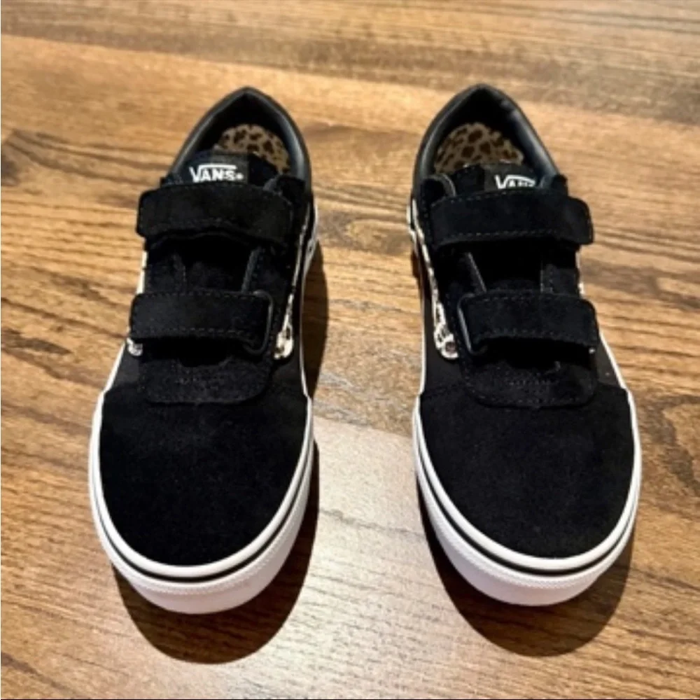 Vans Kids Black Suede Velcro Sneakers with Leopard Lining