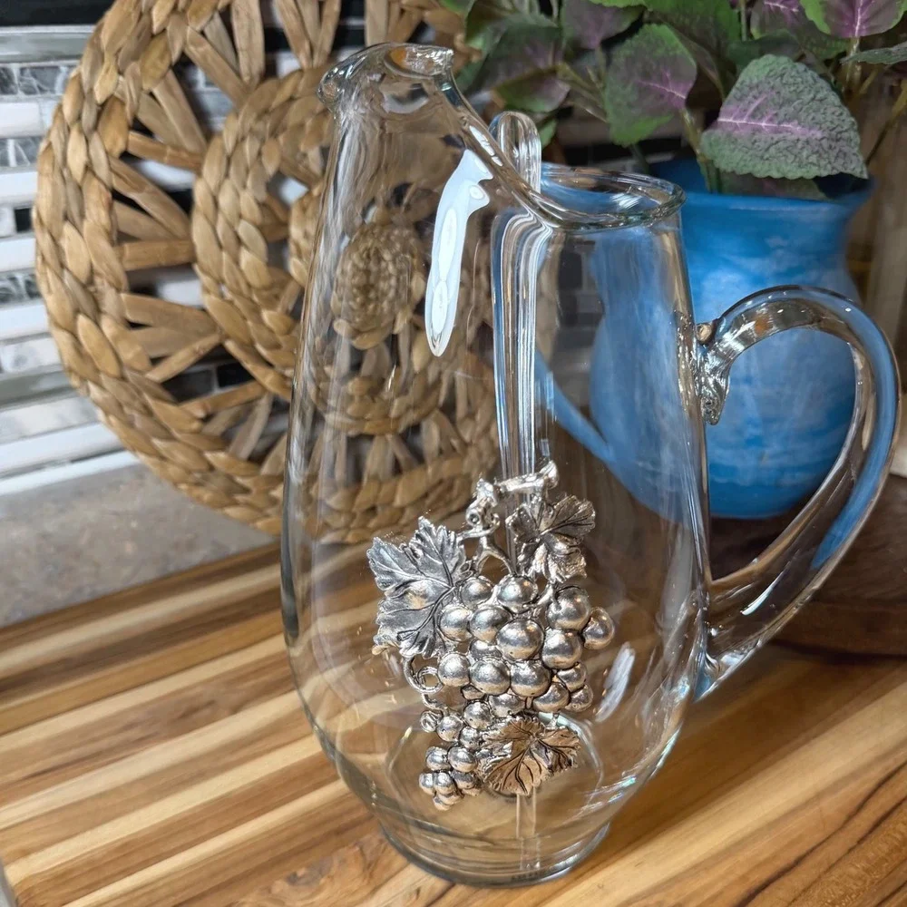 Arthur Court Designs Glass Pitcher Pewter Grape Cluster Embellishment Ice Lip