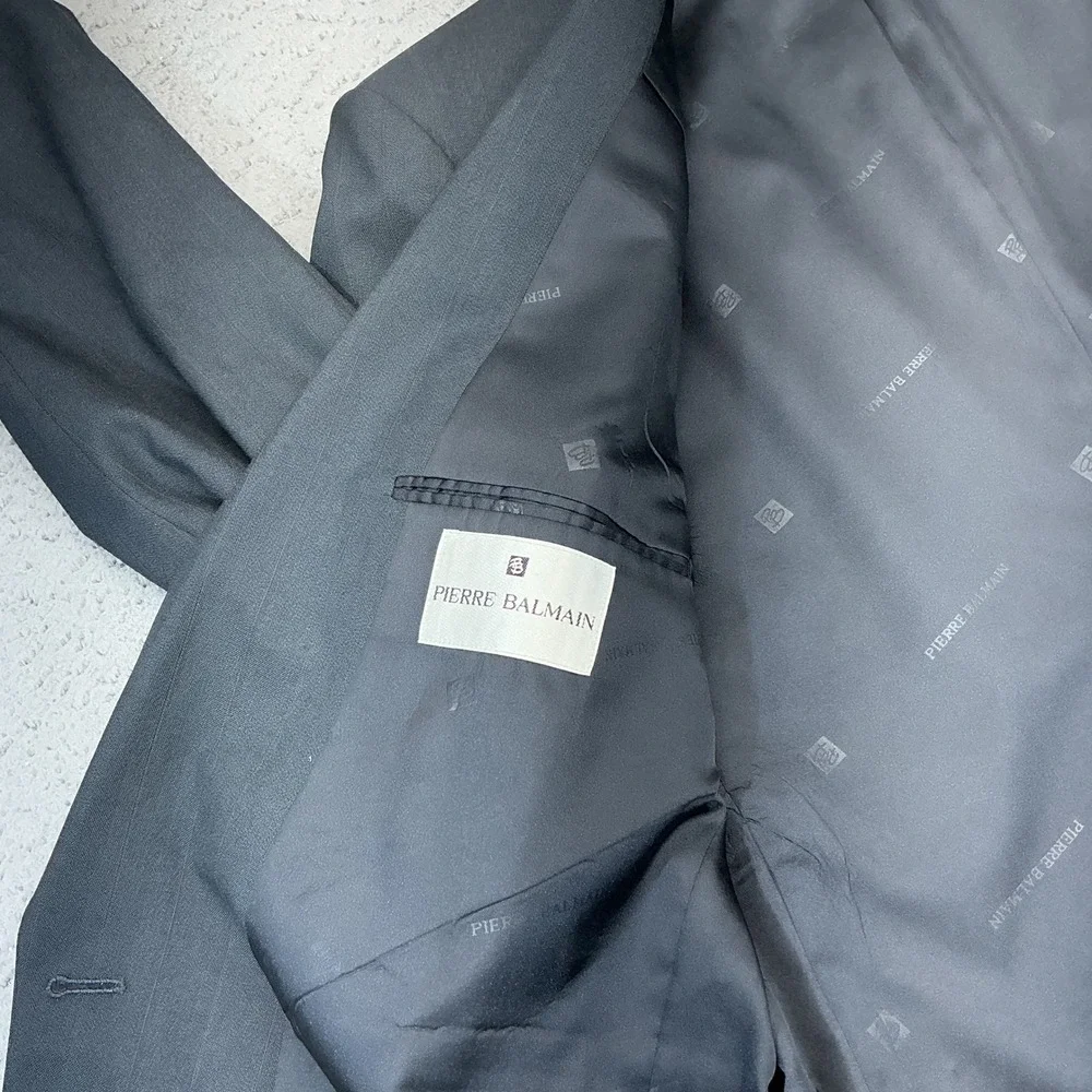Vintage Pierre Balmain Blazer Mens 42 Short Gray Pinstripe Double Breasted Wool