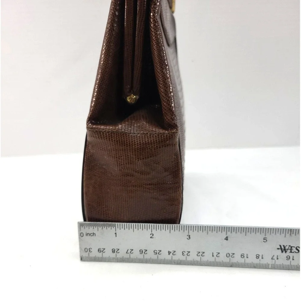 Vintag Brown Lizard Skin Handbag Goldtone Hardware Kiss Lock Closure