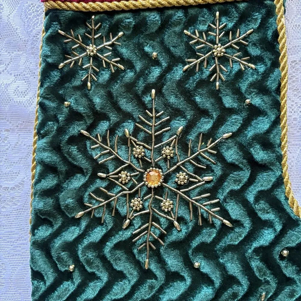 Set of 3 Velvet Christmas Stockings Beaded Snowflake Jewel Holiday‎ Decor