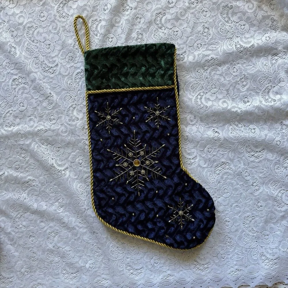 Set of 3 Velvet Christmas Stockings Beaded Snowflake Jewel Holiday‎ Decor