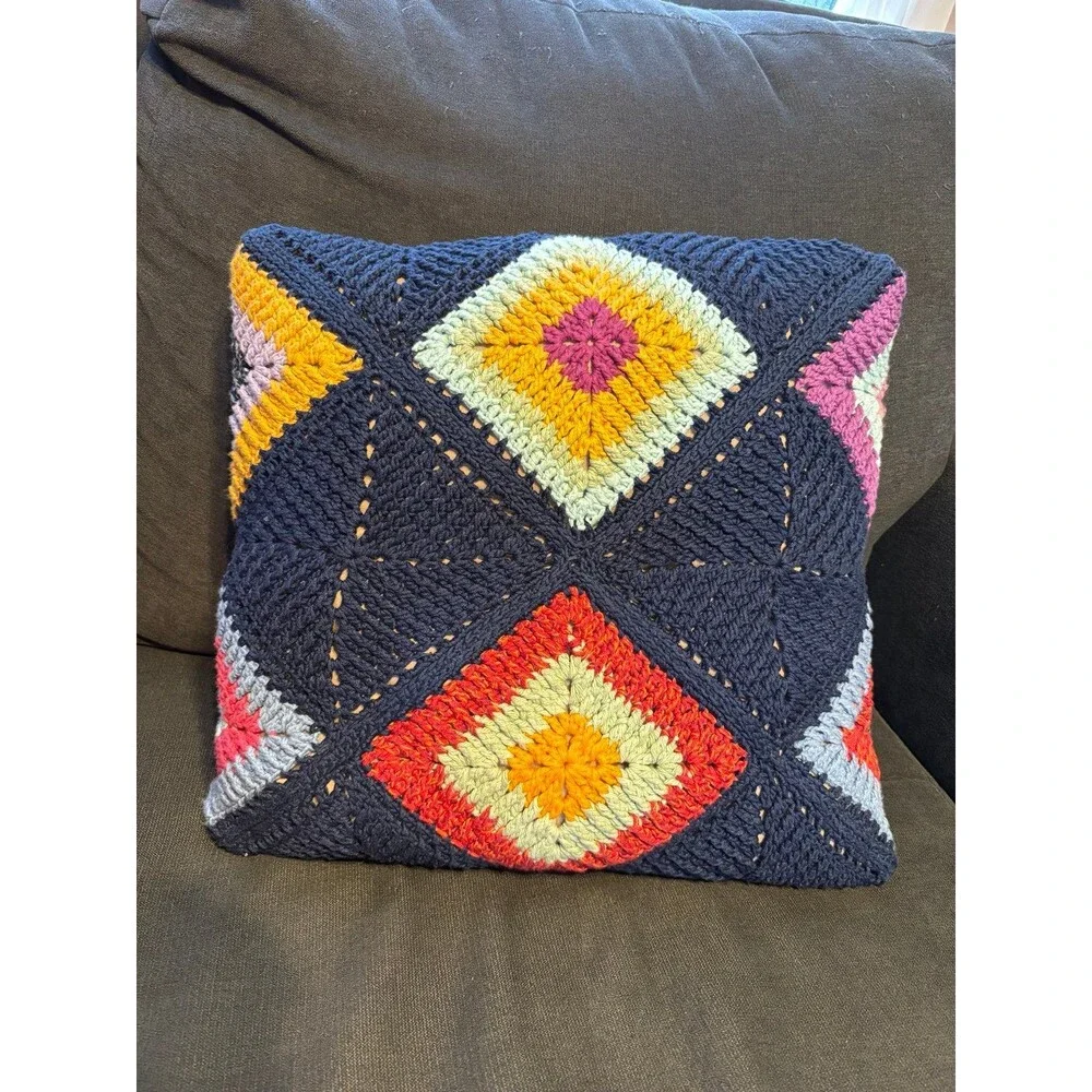 Handmade crochet throw pillow grannycore boho vintage geometric retro