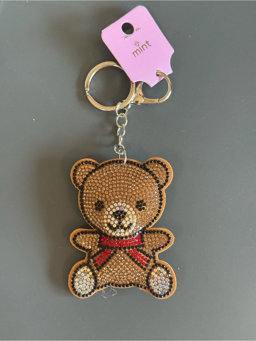 Mint Rhinestone Teddy Bear Keychain Bag Charm NWT Tan