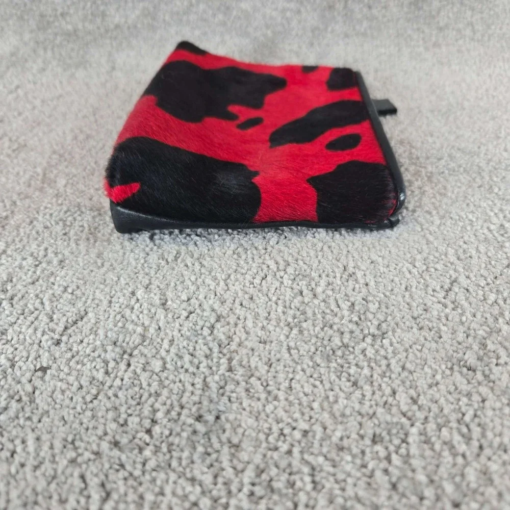 SB Pouch Red Black Cow Print Calf Hair Leather Cosmetic Bag Womens Small Size
