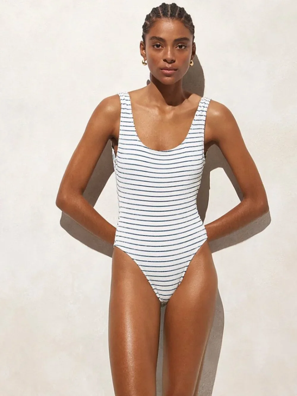 🏷 *NWT* J.Crew Scrunchie One Piece Swimsuit White Blue Stripe Size 14 🌊
