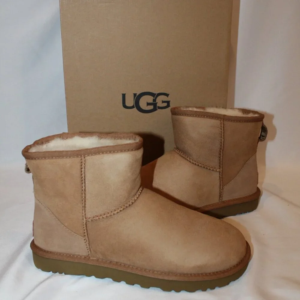 UGG‎ WOMEN'S MINI SUEDE SHEARLING LINED ANKLE BOOTS CHESTNU NEW