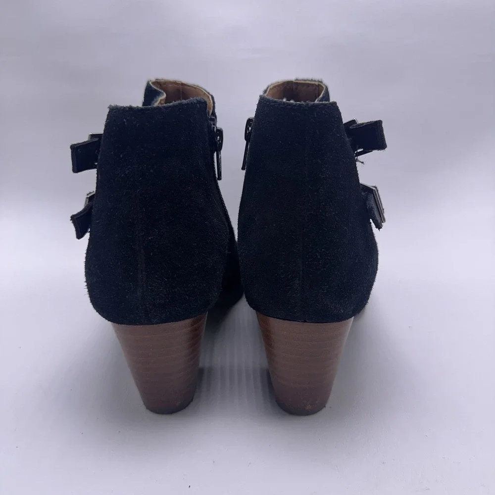 Vionic Chryssa Perforated Black Suede Heels Peep Toe Booties‎ Women Sz 7.5 M