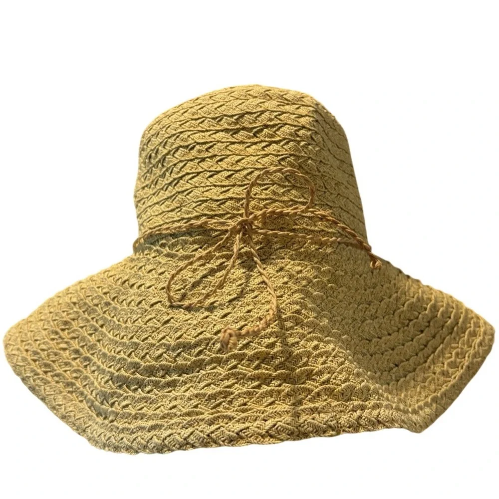 Talbots Woven Straw Sun Hat Wide Brim Paper Cotton Blend With Bow‎ Natural Tan