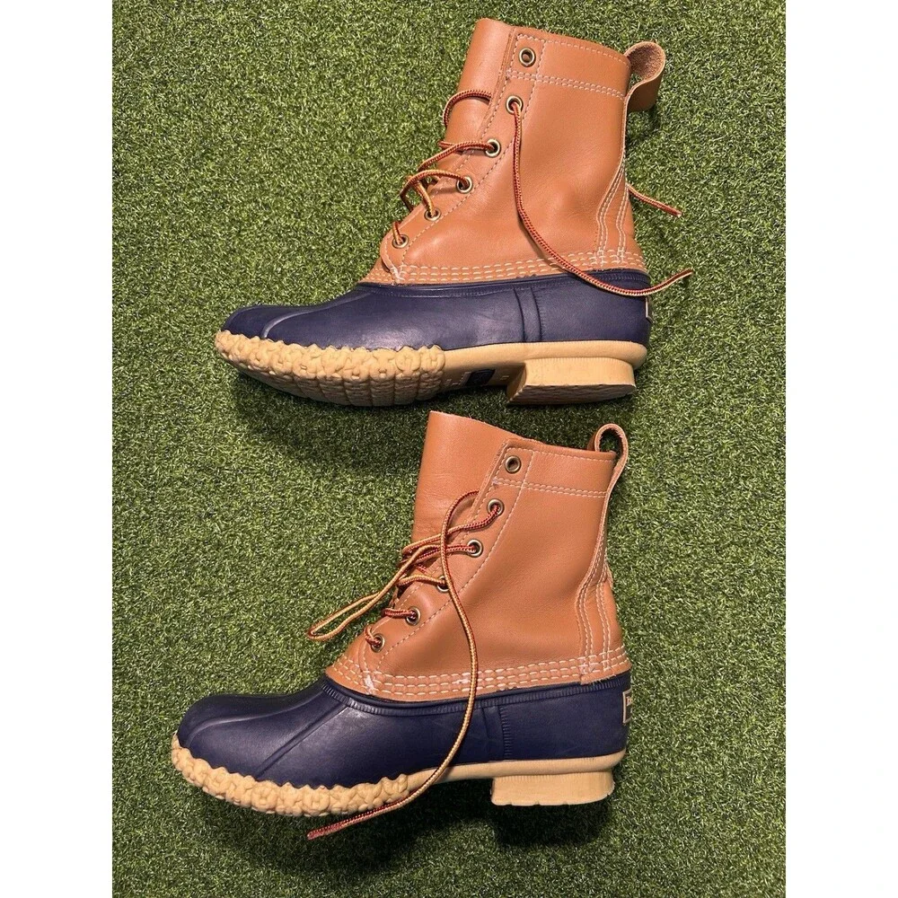 L.L. Bean Duck Boots Womens Size 6 M Tan Navy Blue  8” Leather Rubber USA Preppy